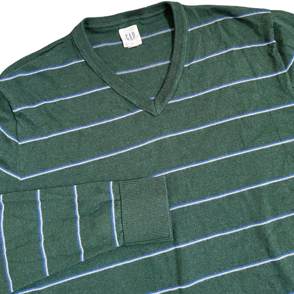 Vintage GAP Mens Green Blue Striped V Neck Sweater L 100% Merino Wool Y2K Grunge
